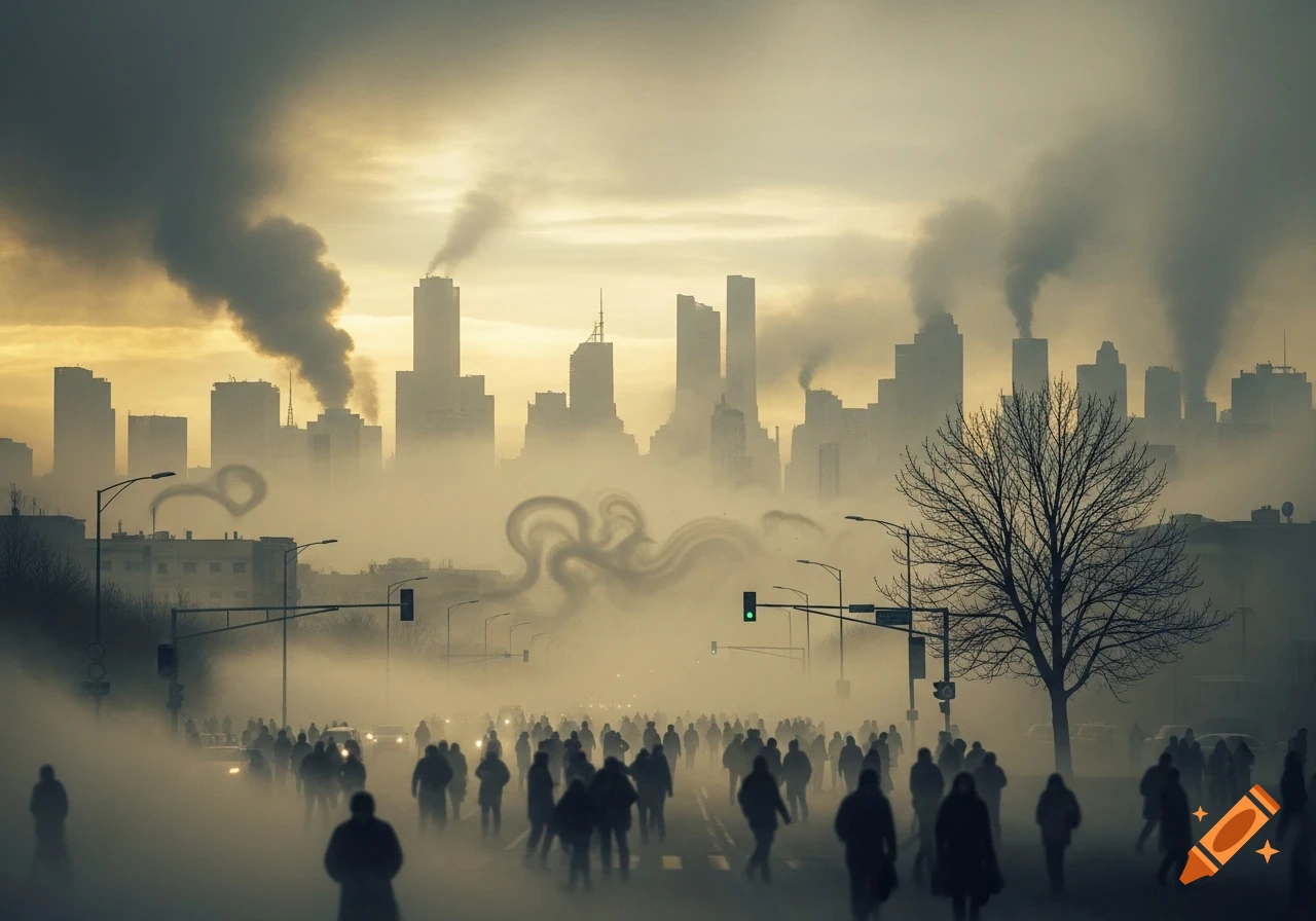 A dystopian cityscape shrouded in thick smog with industrial smoke rising from buildings, and silhouetted crowds walking on a hazy street.