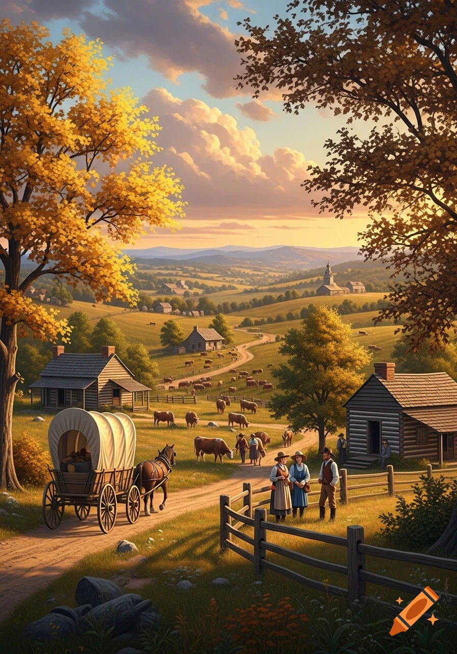 A detailed painting of an 1800s American rural landscape with a covered wagon, people, cattle, log cabins, and rolling hills under a sunset sky.