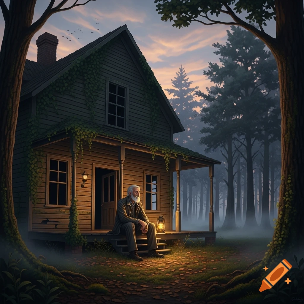 An old man with a white beard sits on the porch of a rustic, vine-covered house in a misty forest at dusk, a lantern glowing beside him.