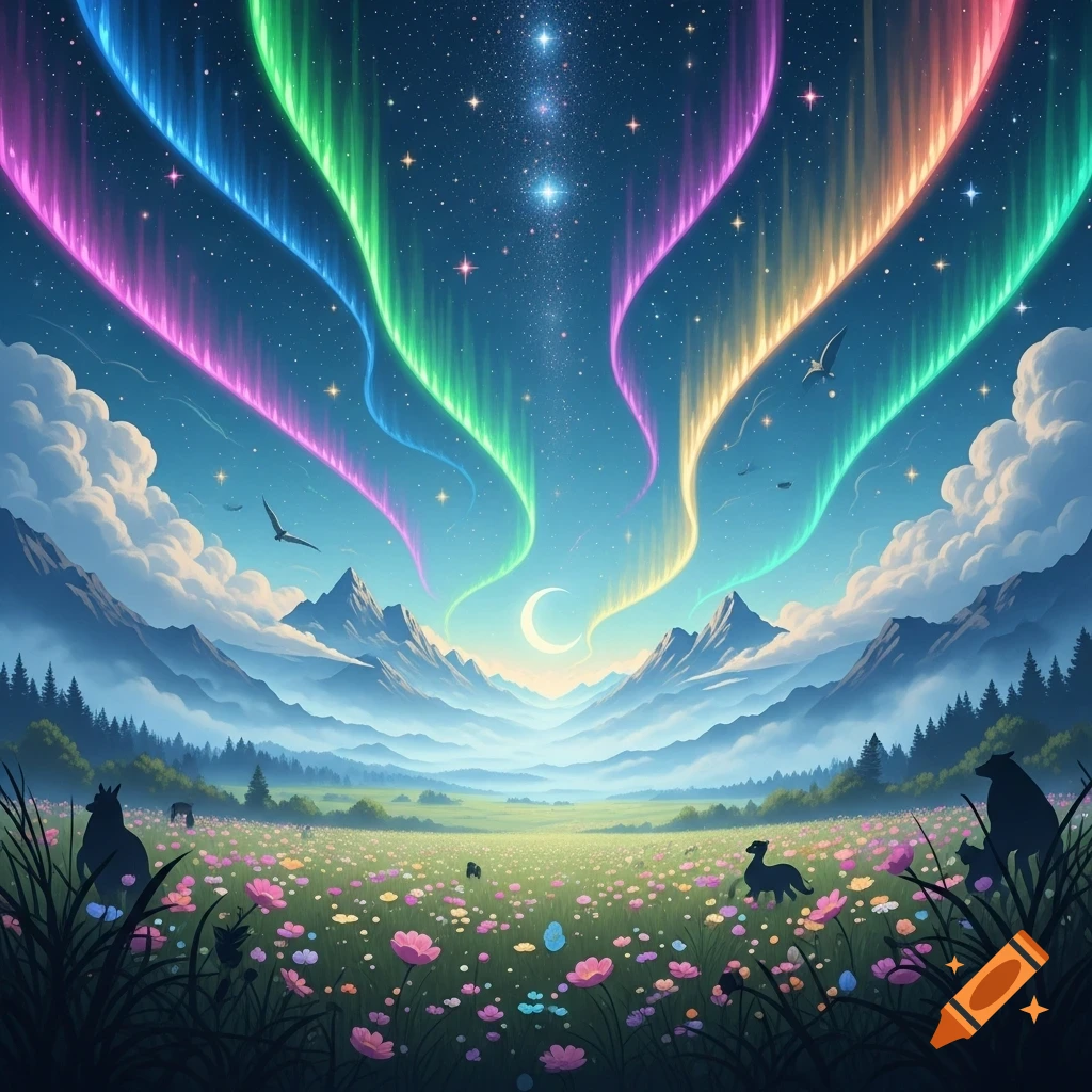 A vibrant fantasy landscape at night with colorful aurora in a starry sky over mountains and a field of wildflowers with animal silhouettes.