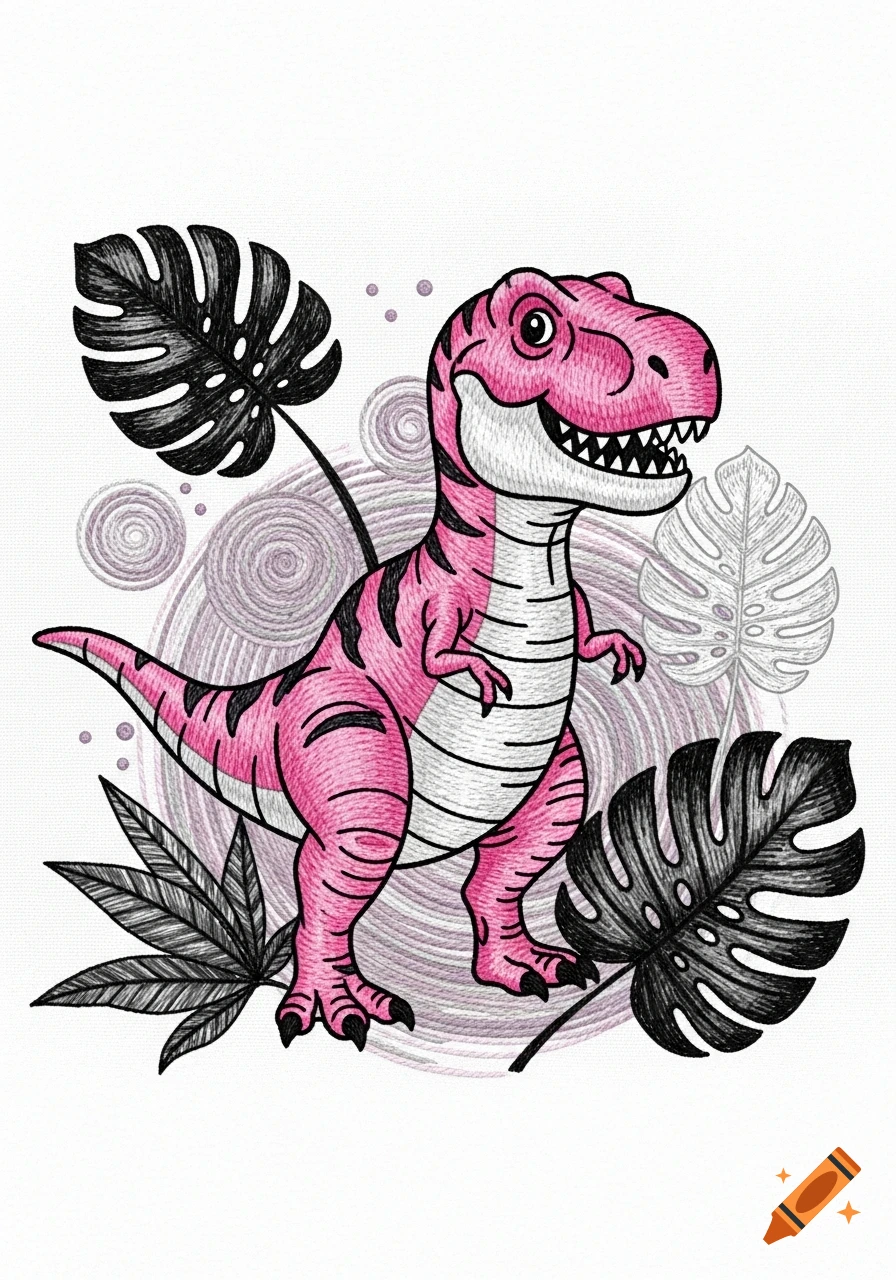 Pink, white, and black cartoon T-Rex dinosaur in an embroidery style, surrounded by stylized tropical leaves and swirls.