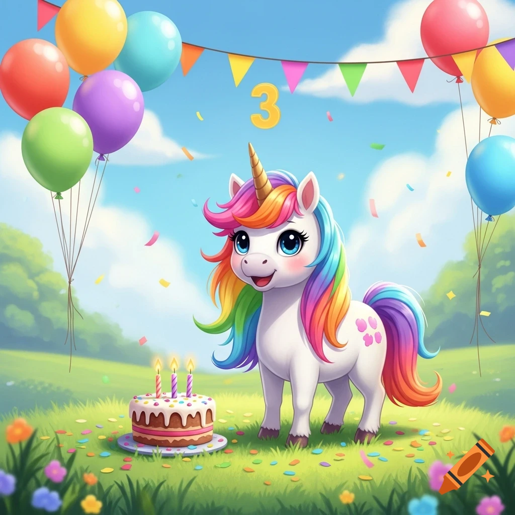 A cute, colorful cartoon unicorn with rainbow hair celebrates its 3rd birthday in a grassy field with cake, balloons, and confetti.