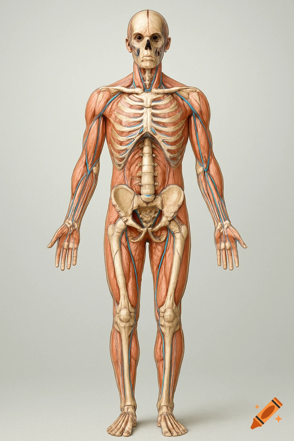 Anatomical illustration of a standing male human body, showing skeletal structure, muscles, and veins.
