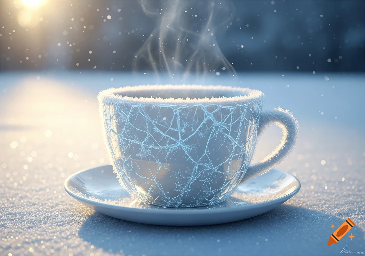 Photorealistic image of a white teacup covered in frost, with steam rising, sitting on a snowy surface under soft sunlight.