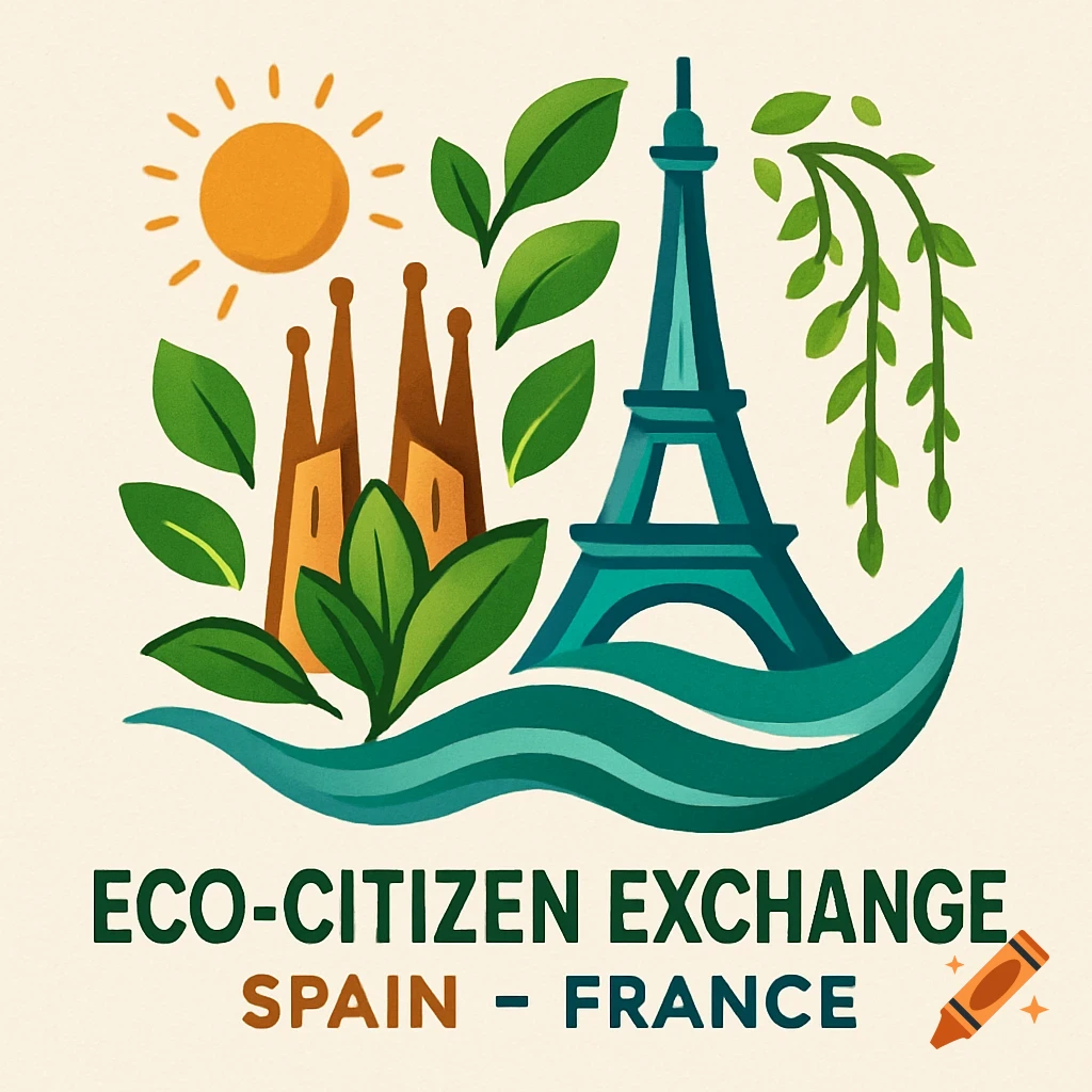 A stylized logo featuring the Sagrada Familia, Eiffel Tower, sun, and green leaves above wavy lines, with text 'ECO-CITIZEN EXCHANGE SPAIN - FRANCE'.