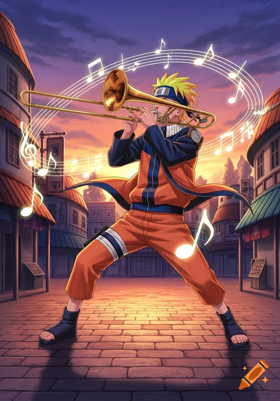 Naruto plays a golden trombone on a cobblestone street at sunset, surrounded by musical notes and village buildings in an anime style.
