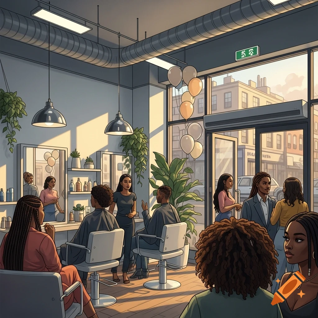 An illustration of a bustling hair salon with Black people, some getting their hair done, others socializing near the entrance. Sunlight streams in from large windows.