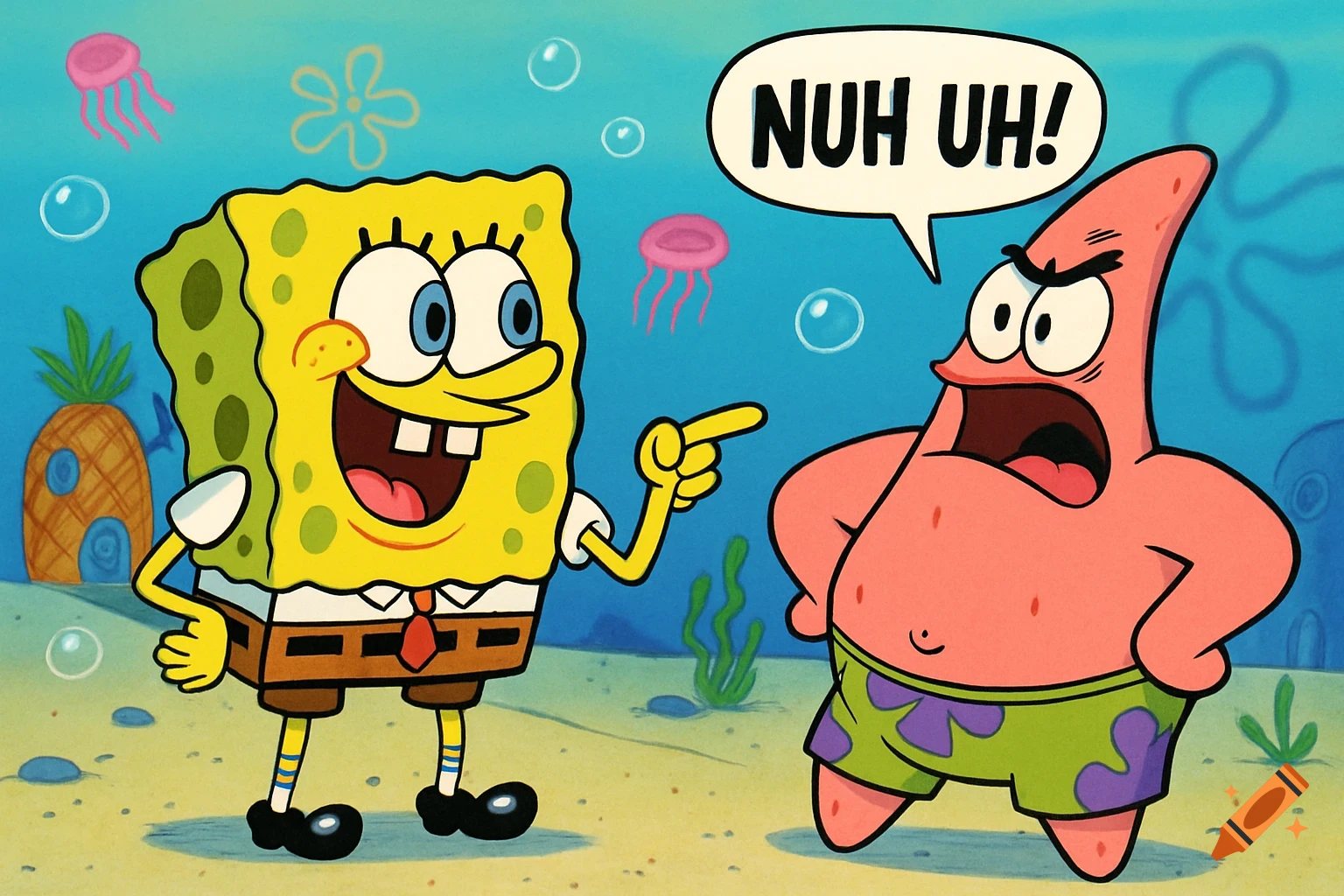 Spongebob Squarepants points and smiles at an angry Patrick Star, who is saying 'NUH UH!' in a speech bubble.