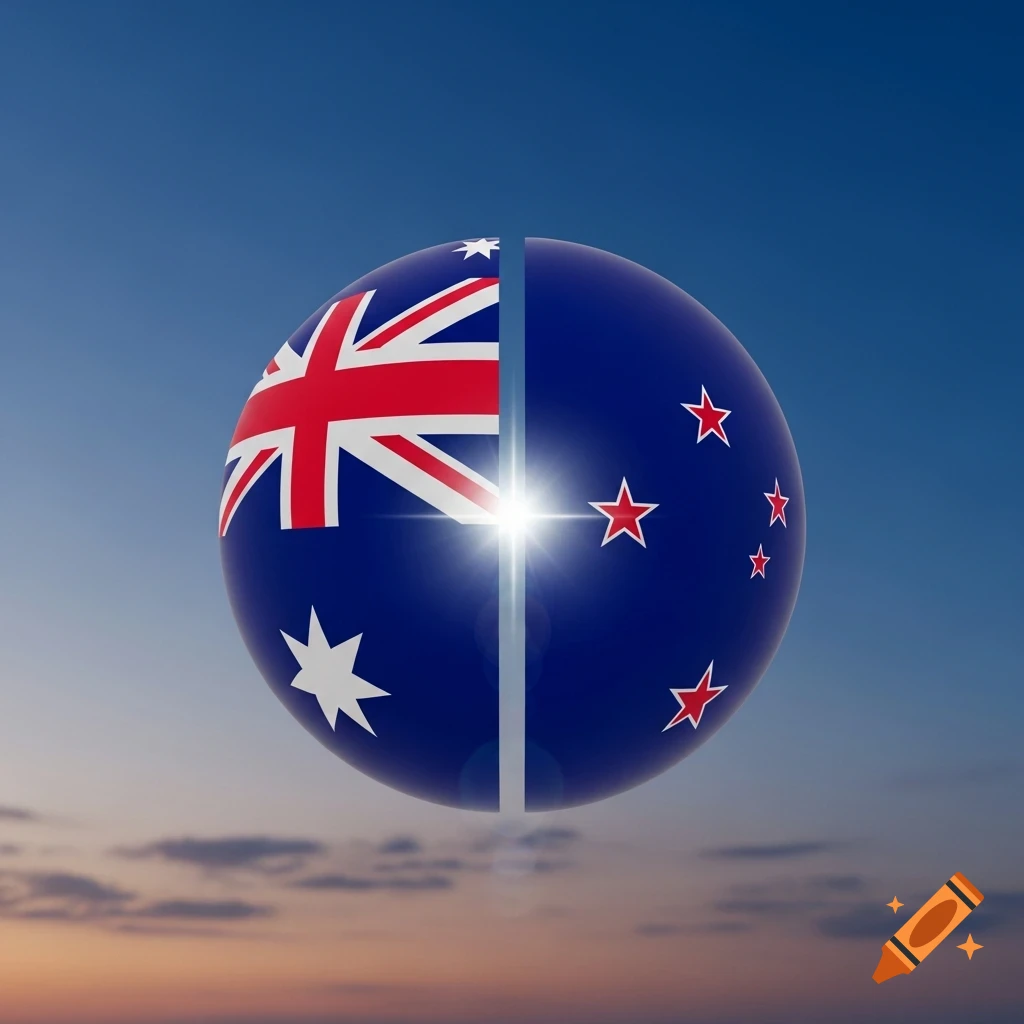 A sphere divided down the middle, showing the Australian flag on the left and the New Zealand flag on the right against a sky background.