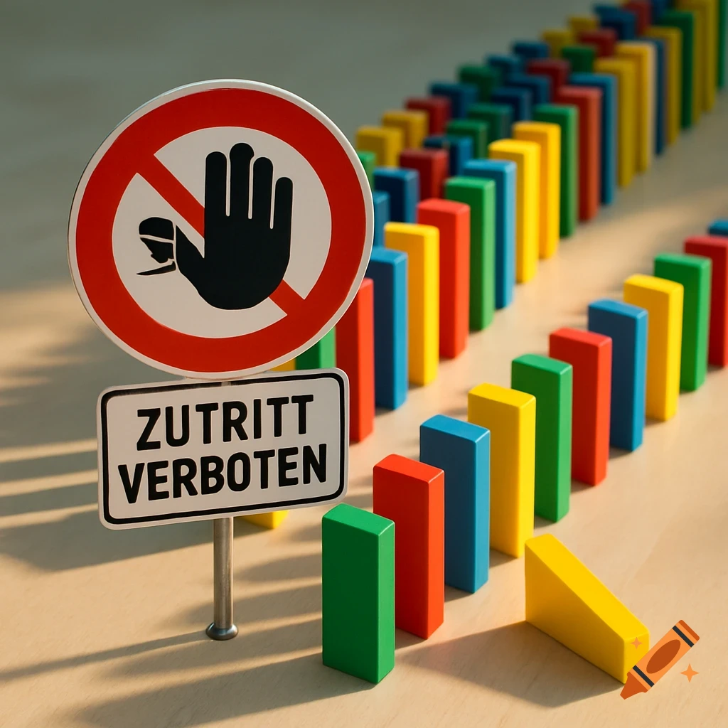 A red and white 'No Entry' sign with a black hand symbol, in front of a long line of colorful dominoes.