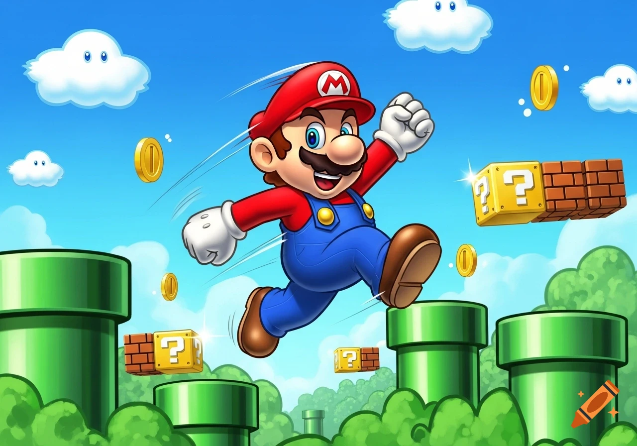 Cartoon Mario jumps with coins and question blocks in a bright blue sky over green pipes and bushes.