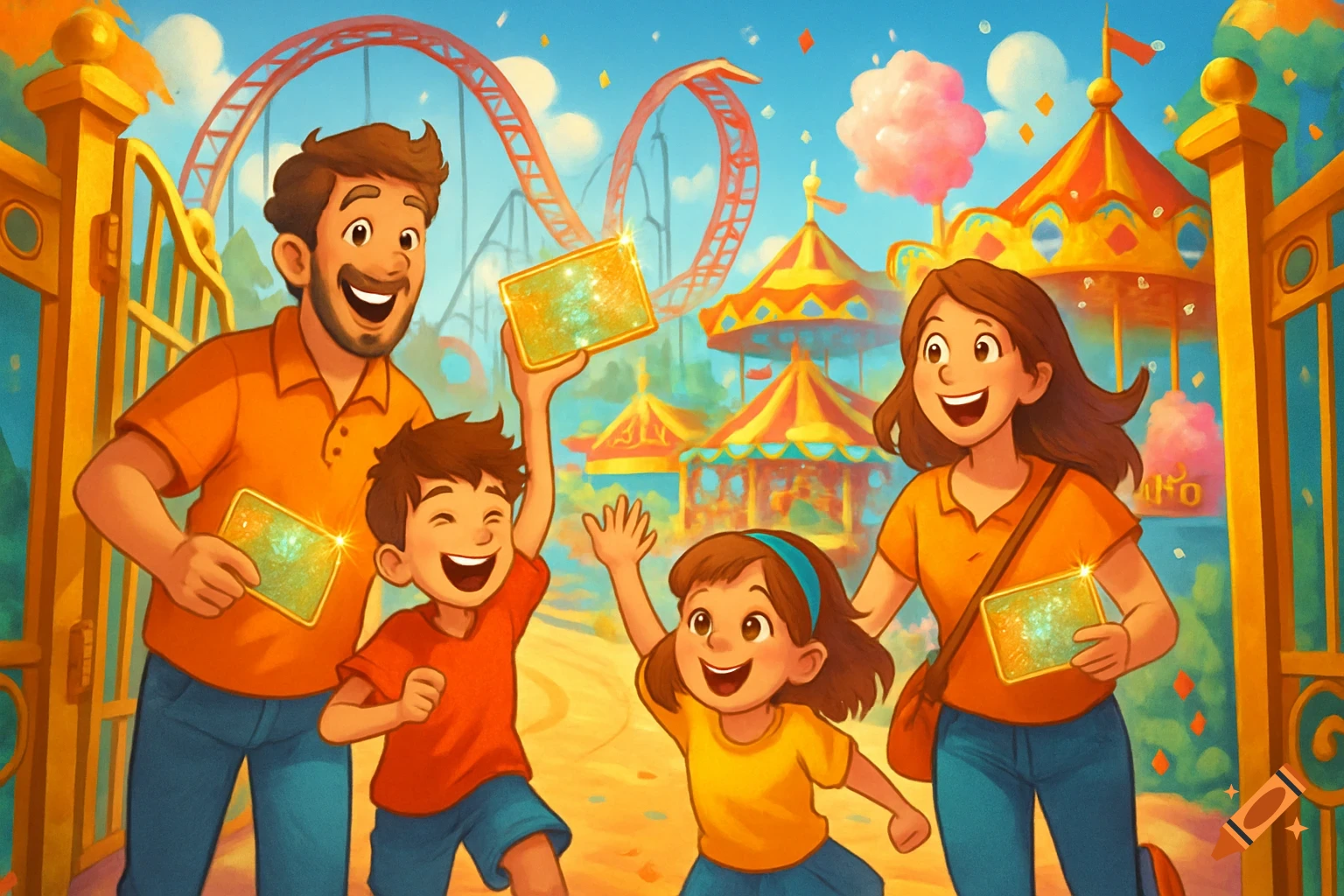 A happy cartoon family holding shimmering gift cards at a colorful theme park entrance, with a roller coaster and carousels in the background.