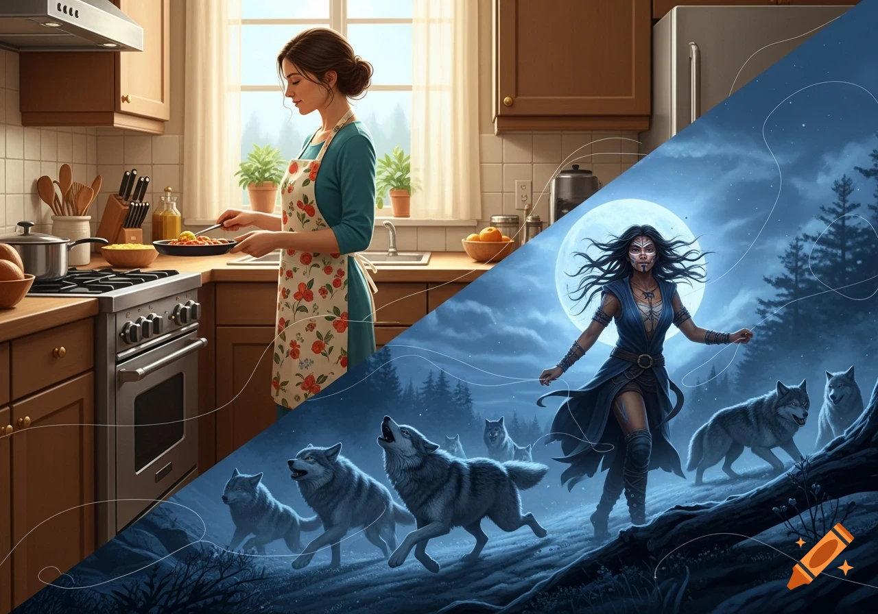 Split image of a woman cooking in a sunlit kitchen and a face-painted woman running with wolves under a full moon.