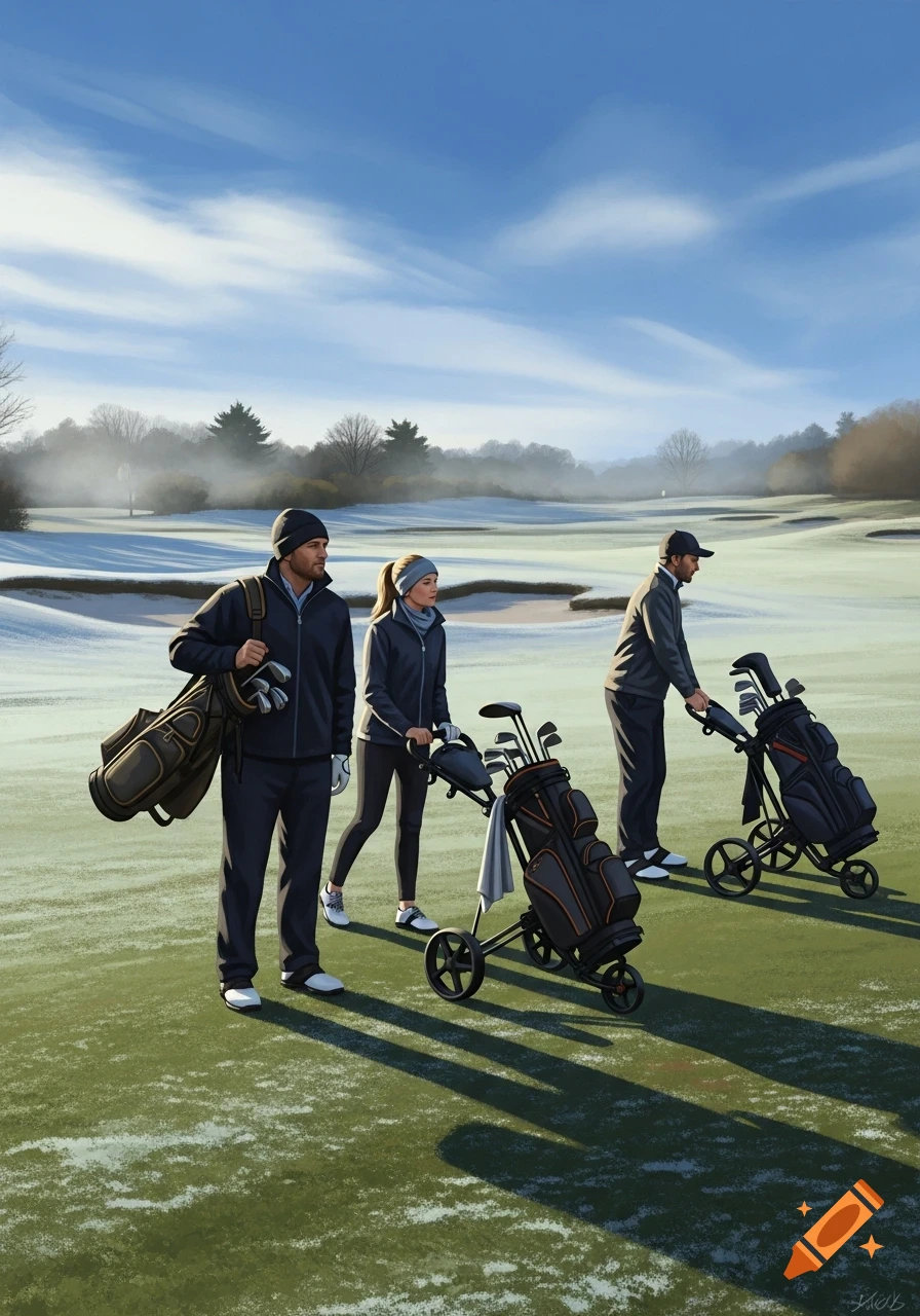 Three golfers, two men and one woman, walk with golf bags and trolleys on a sunny, partially snow-covered winter golf course.