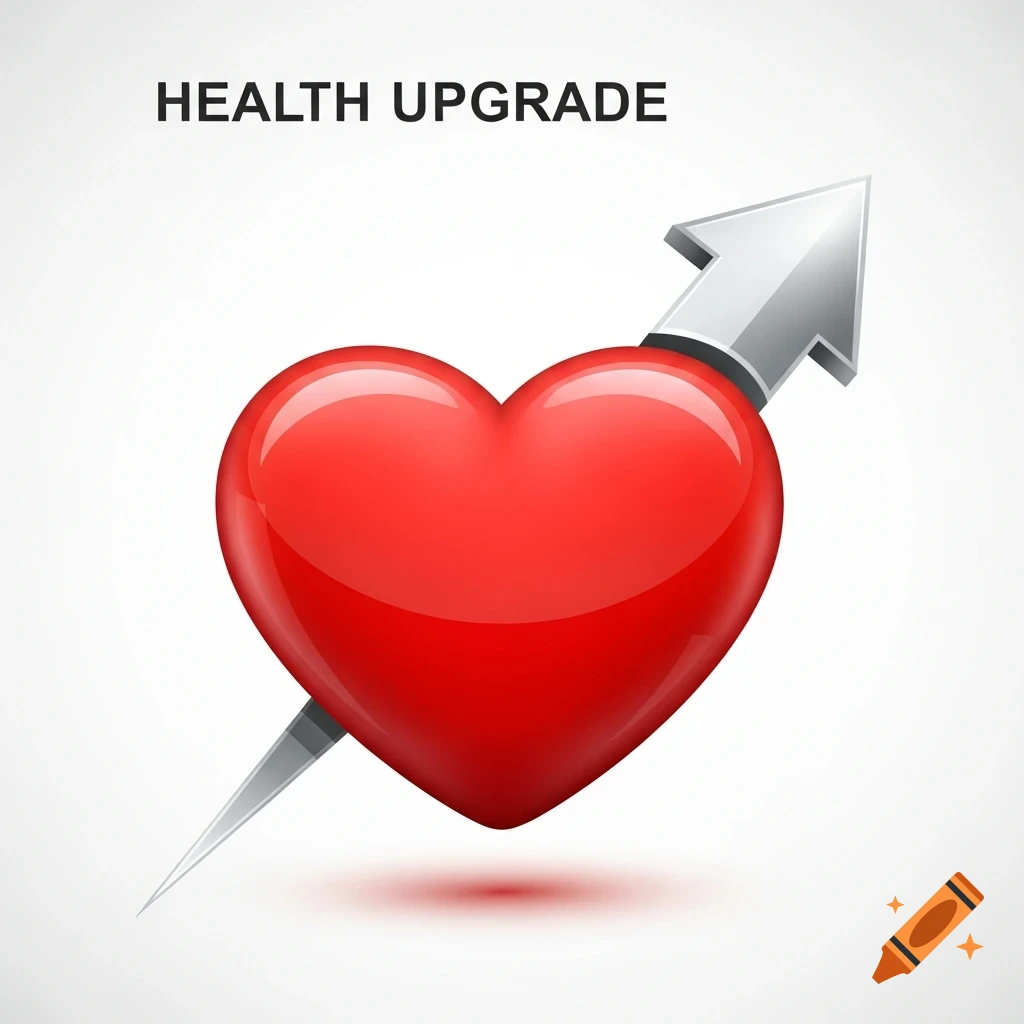 Glossy red heart with an upward-pointing silver arrow and 'HEALTH UPGRADE' text, white background, icon style.