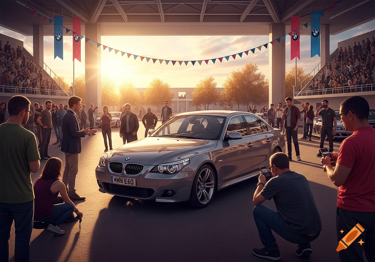 A grey BMW E60 sedan is admired by a large crowd at an outdoor event under a sunset sky, with banners and stadium seating visible.