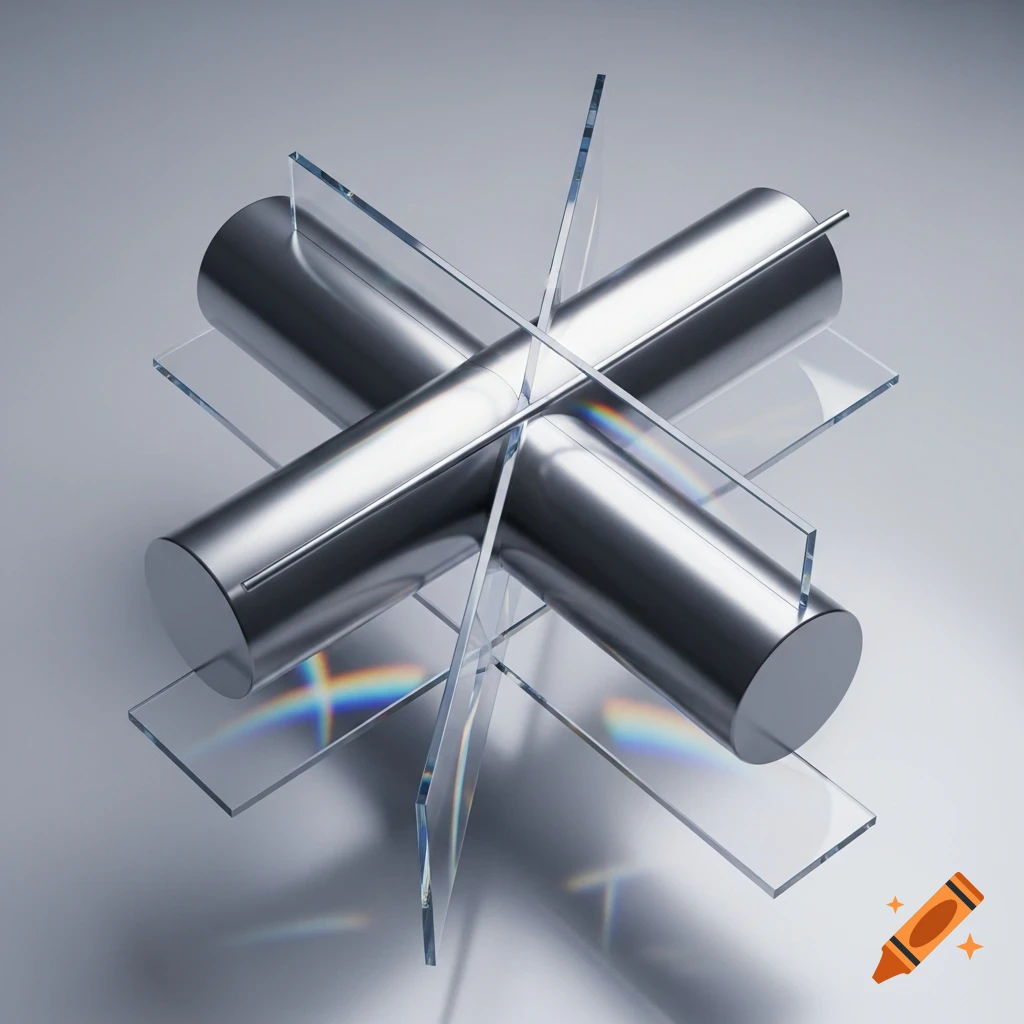 Two shiny metallic cylinders intersecting with clear glass planes on a light grey background, showing light refractions.