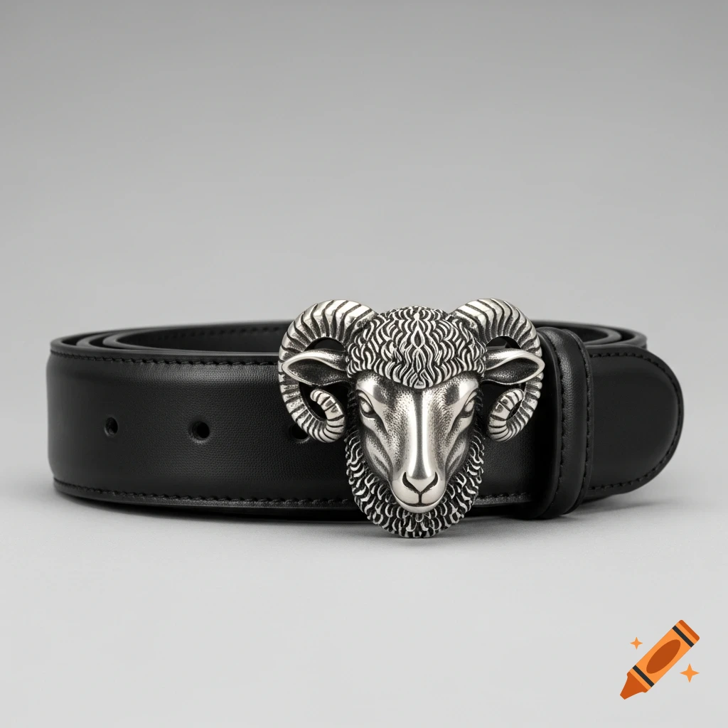 A black leather belt with a detailed silver ram head buckle on a grey background.
