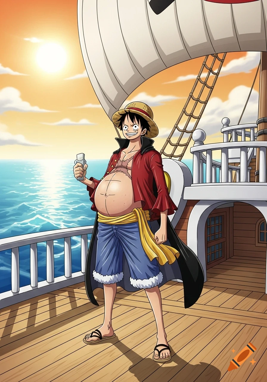 Anime illustration of a heavily pregnant Monkey D. Luffy standing on the deck of a ship with ocean and sunset in the background.