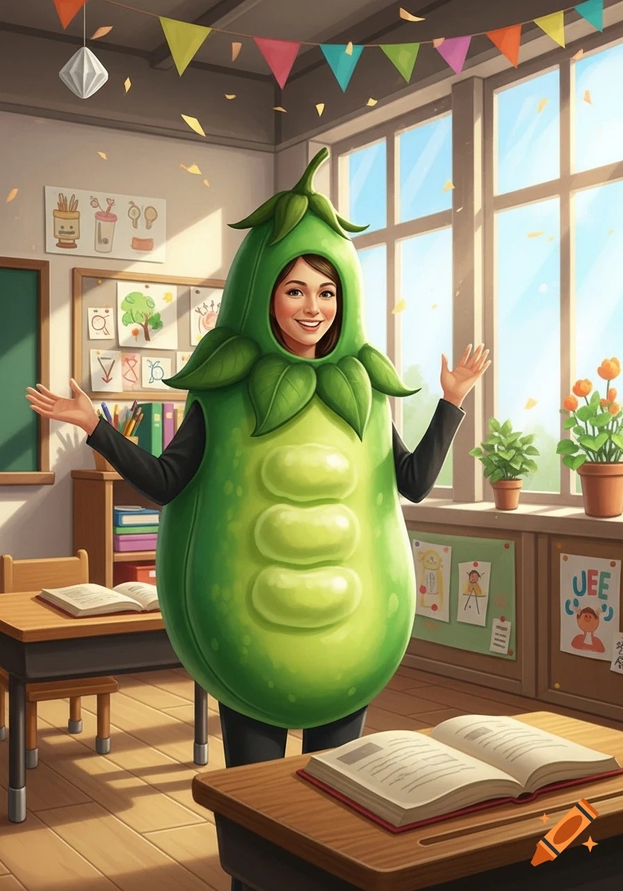 A smiling teacher in a green bean costume stands in a colorful classroom decorated with bunting.