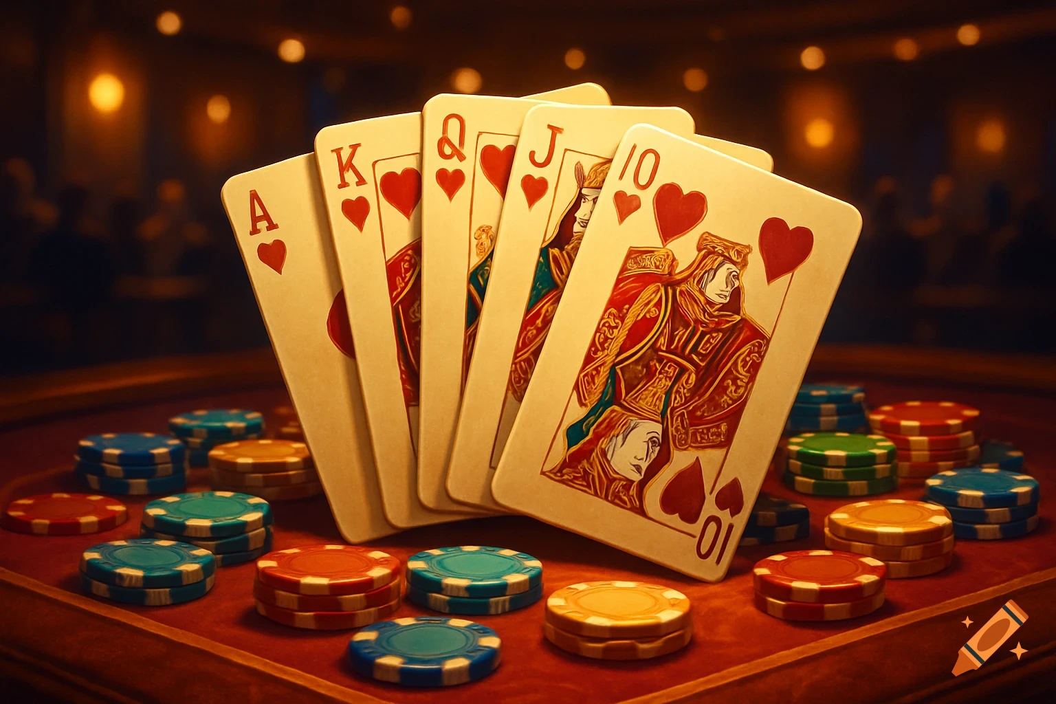 A close-up of a royal flush (Ace, King, Queen, Jack, 10 of hearts) fanned out on a red poker table, surrounded by colorful poker chips.