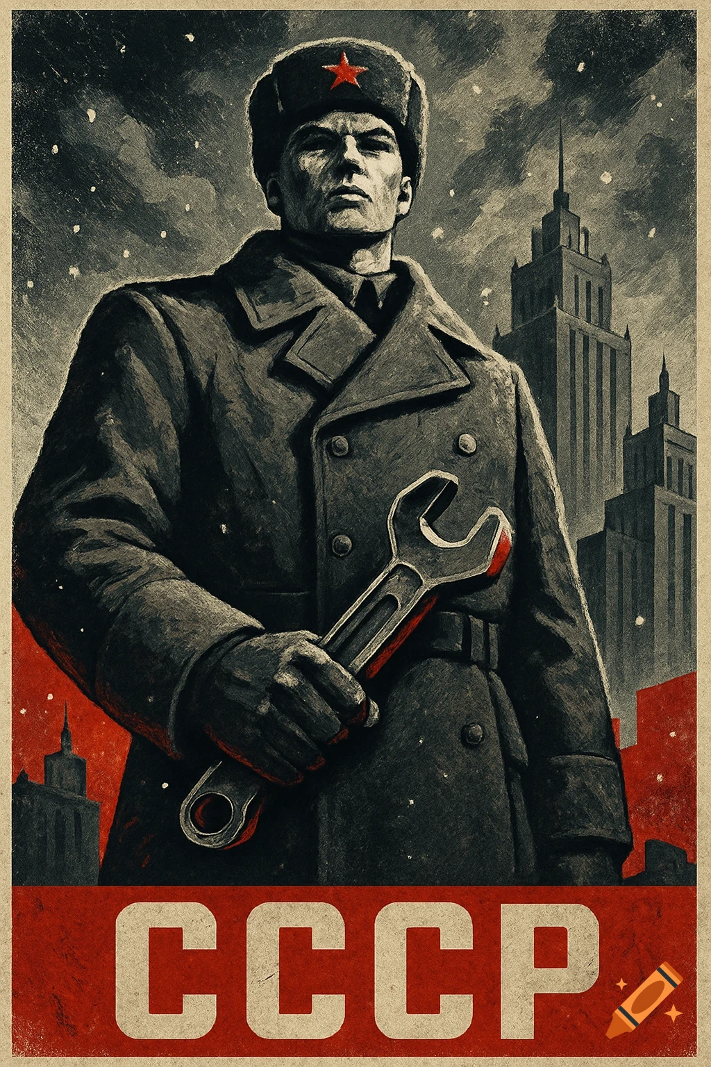 Distressed propaganda poster of a man in a Soviet uniform with a star on his hat, holding a wrench, against a backdrop of buildings, with "CCCP" at the bottom.