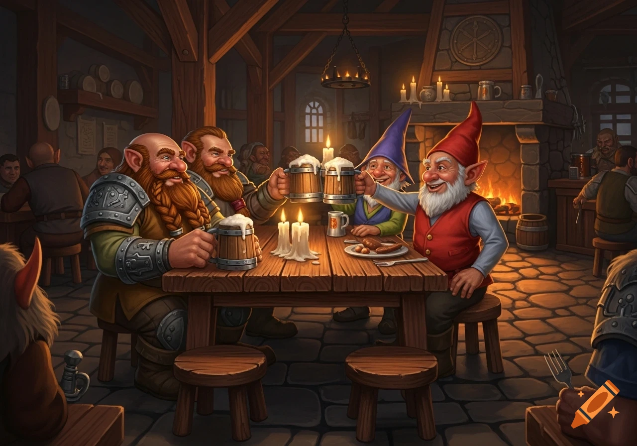 Dwarves and gnomes in a fantasy tavern toast with tankards of beer around a wooden table with candles and food.