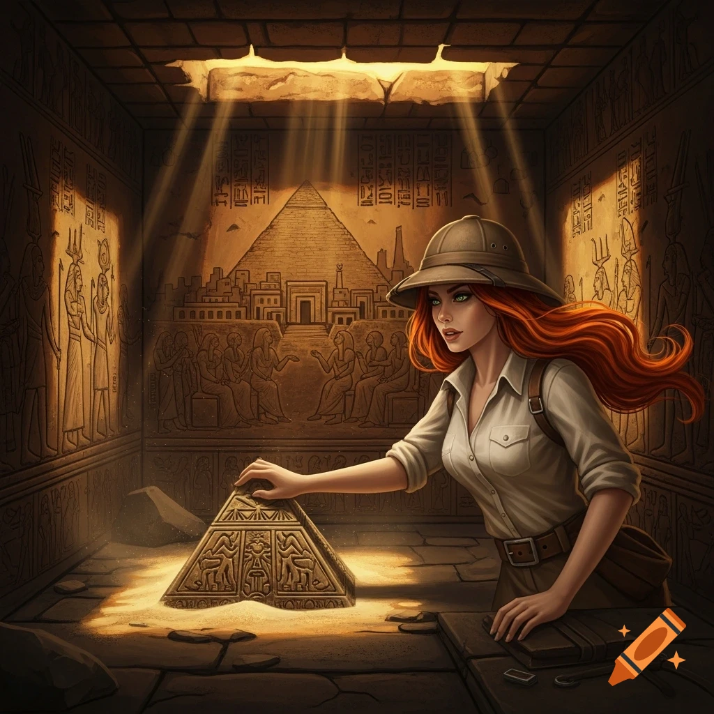 A red-haired woman explorer in a safari hat examines a small pyramid artifact in a detailed ancient Egyptian tomb with carved walls.