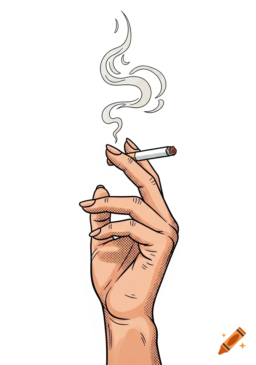 Comic-style illustration of a woman's hand holding a lit cigarette, with smoke rising on a white background.
