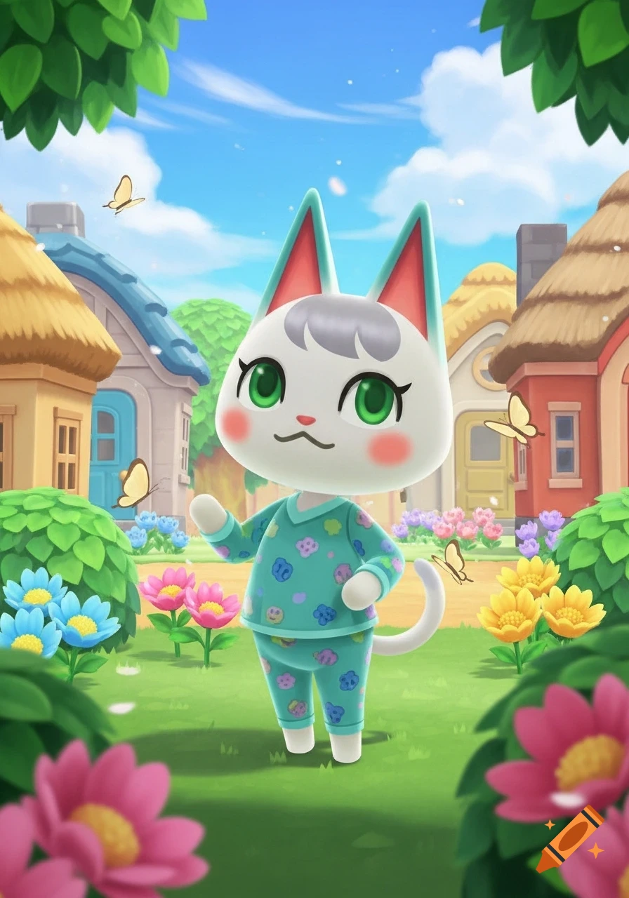 A white Animal Crossing cat villager in teal pajamas stands in a colorful village garden with flowers.