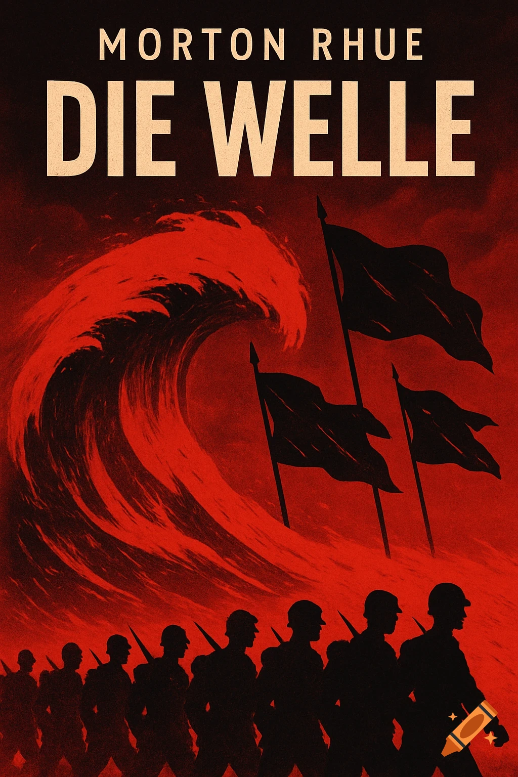 Red and black stylized book cover with a towering red wave, black flags, and silhouetted soldiers marching. Text reads "MORTON RHUE" and "DIE WELLE".