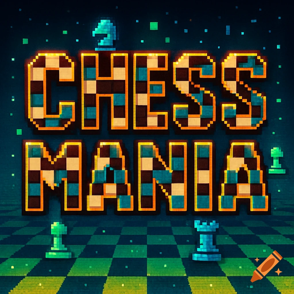 Pixel art title card for 'CHESS MANIA' with checkerboard letters, a knight, pawn, and rook on a dark chessboard background.