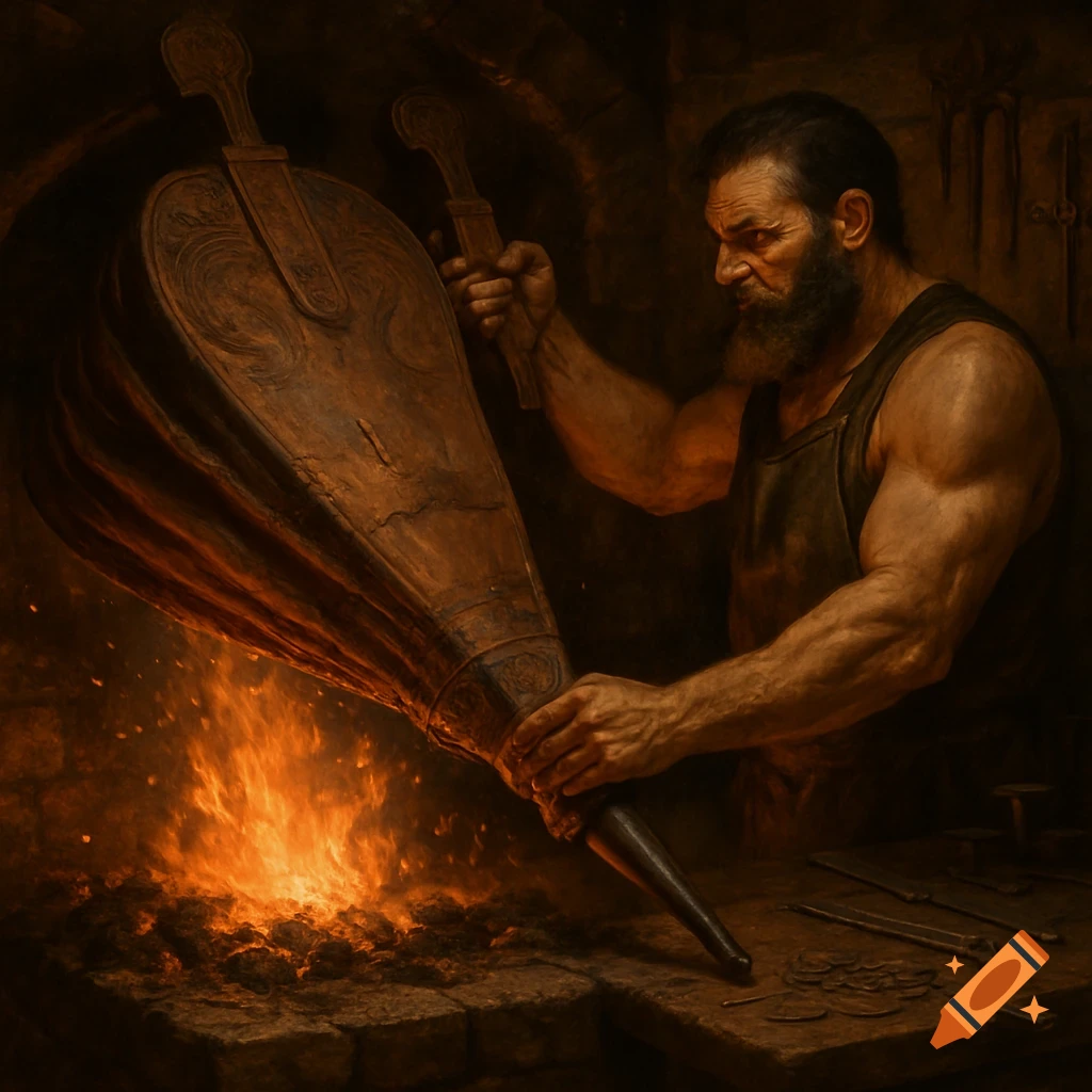 A muscular, bearded blacksmith in an apron uses a large wooden bellows to stoke a fiery forge in a dim, atmospheric workshop.