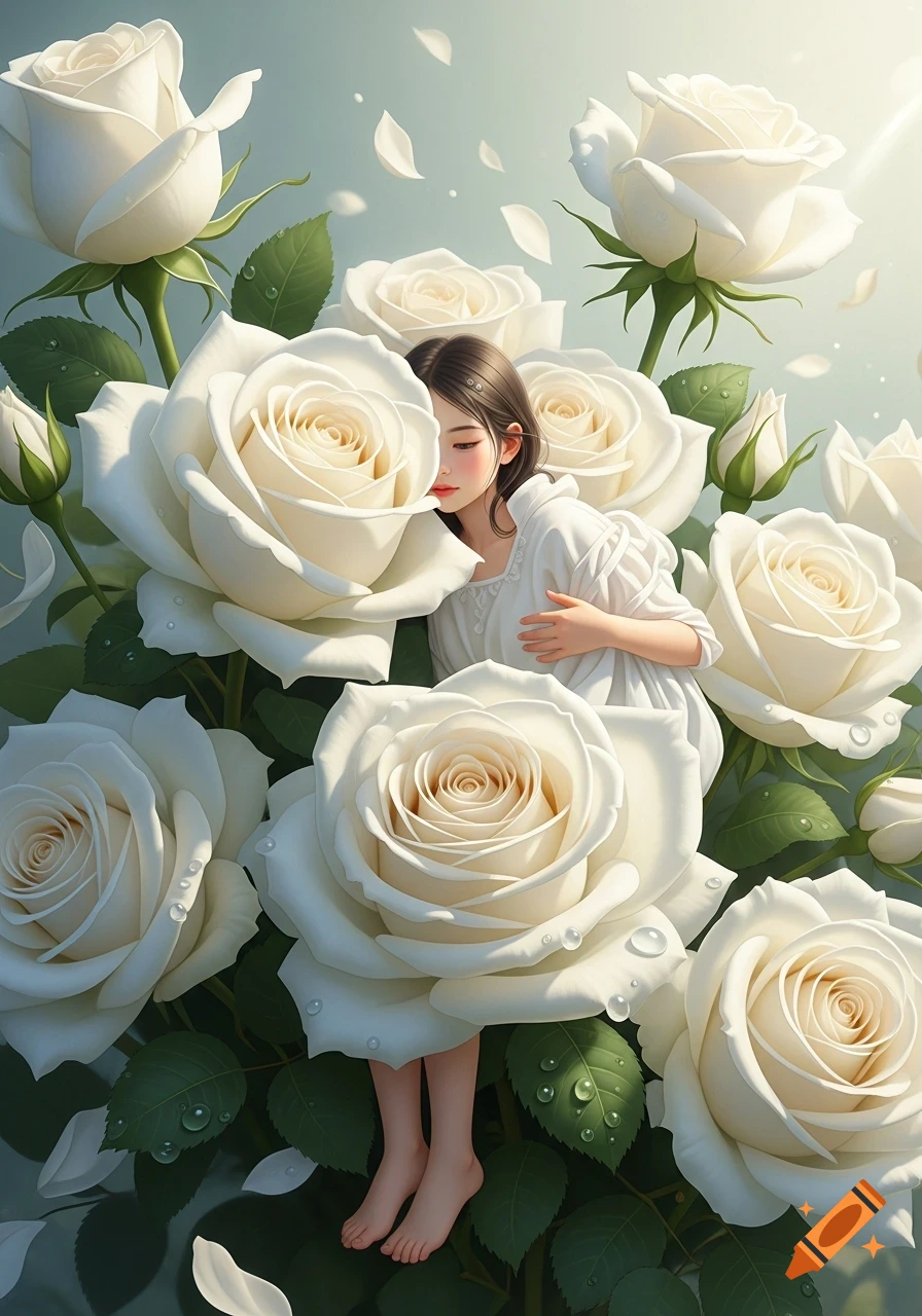 Young girl with dark hair nestled among large white roses with water droplets, in a dreamy, illustrative style.