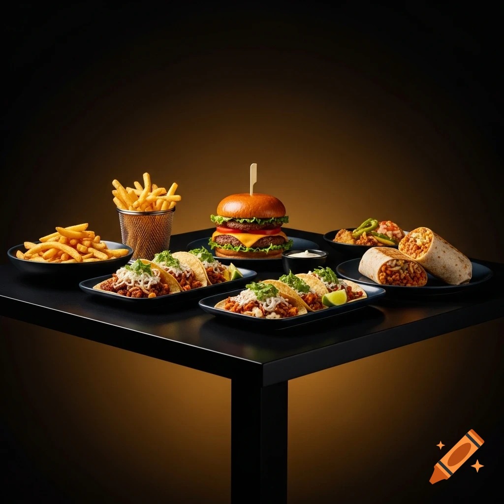 Photorealistic image of a burger, fries, tacos, and a burrito on a black table with a golden glow.