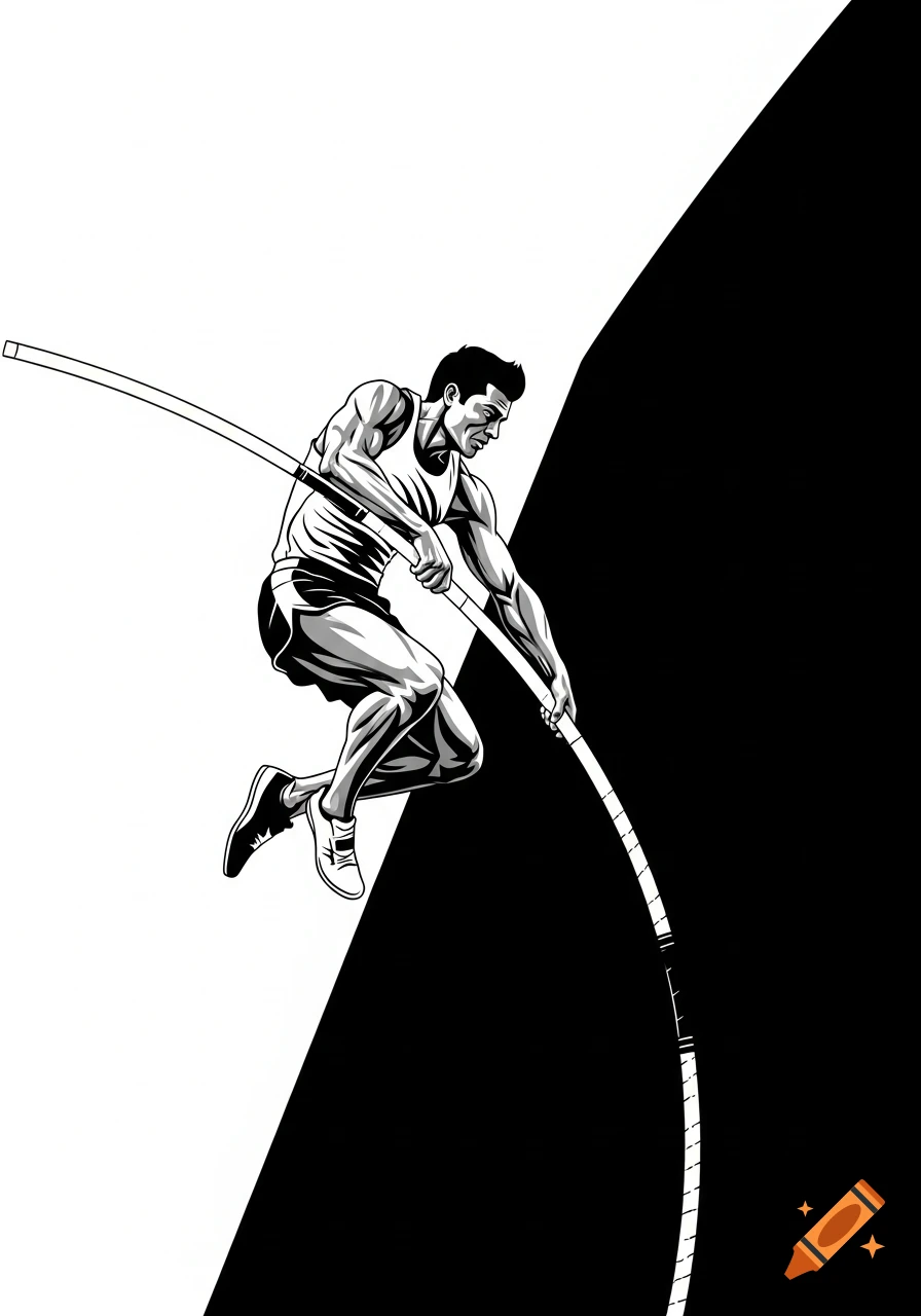 Black and white illustration of a male pole vaulter mid-jump, holding a bending pole, against a diagonally split black and white background.