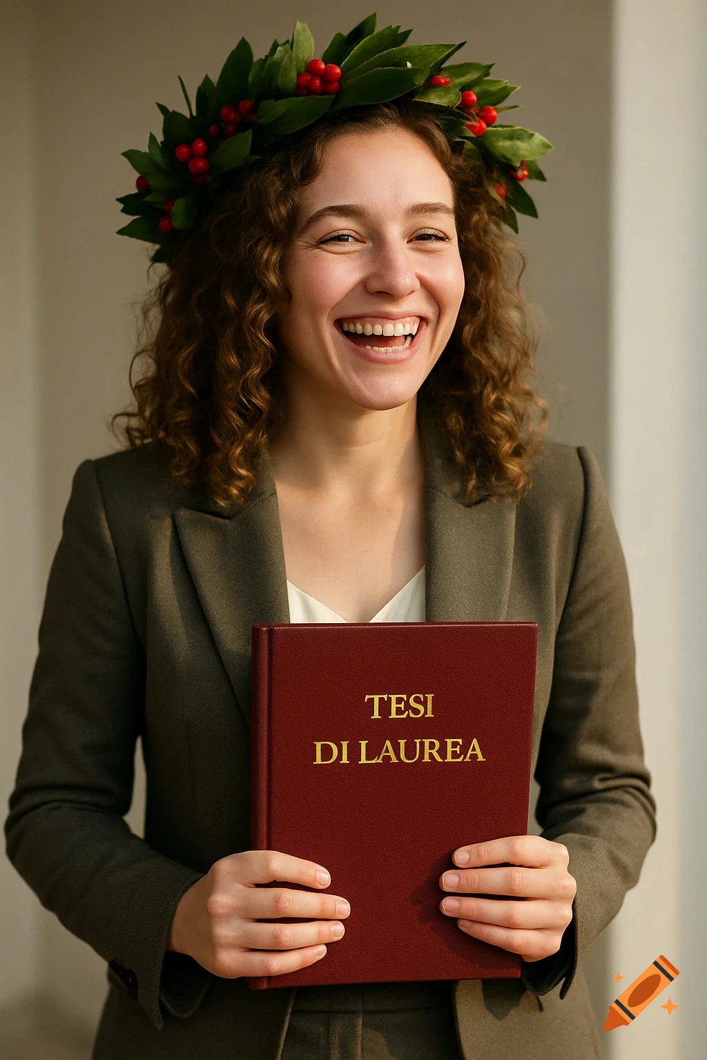 Happy young woman with a laurel wreath smiles, holding a red thesis book titled 'TESI DI LAUREA'.