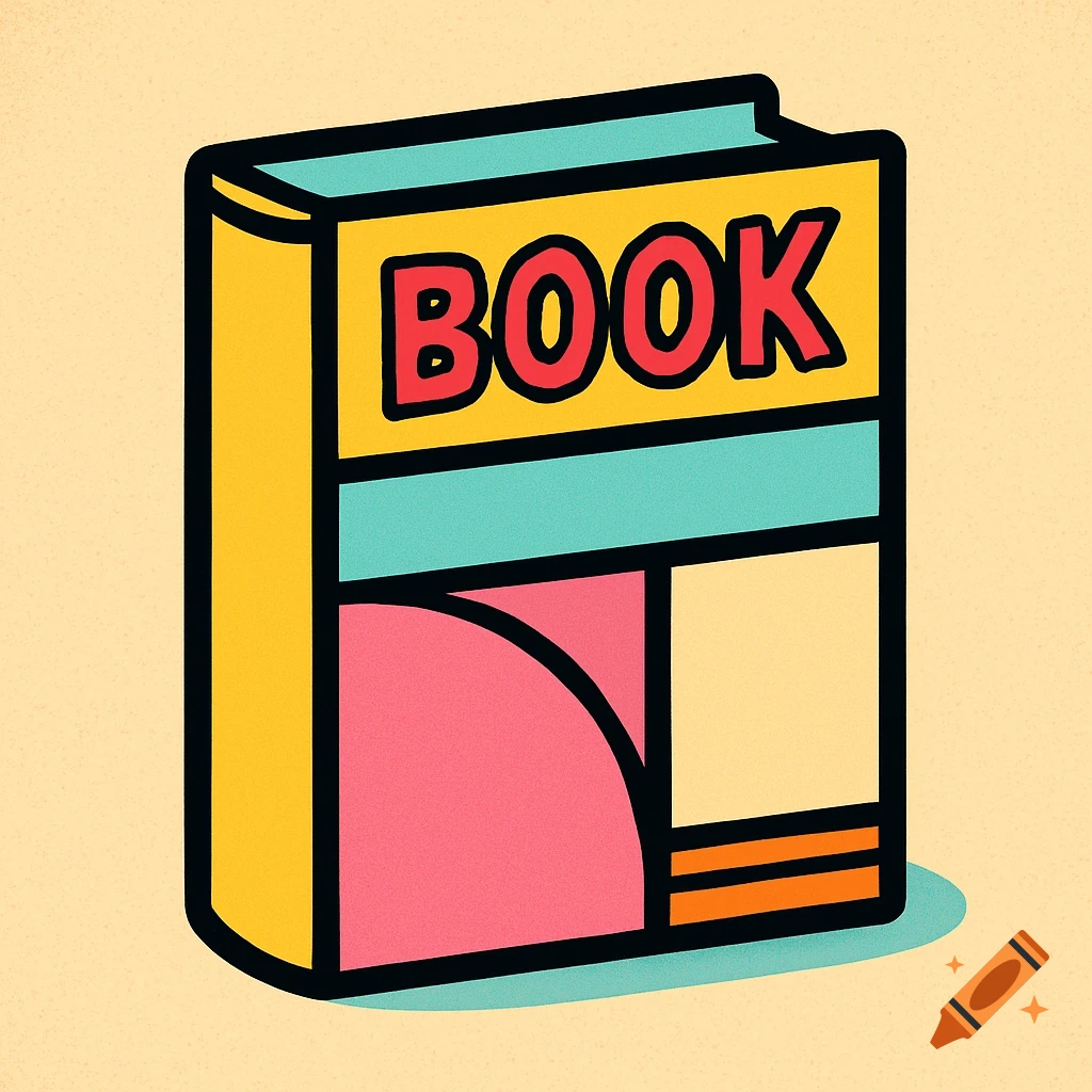 A brightly colored pop art illustration of a book with 'BOOK' written on its cover, against a light background.