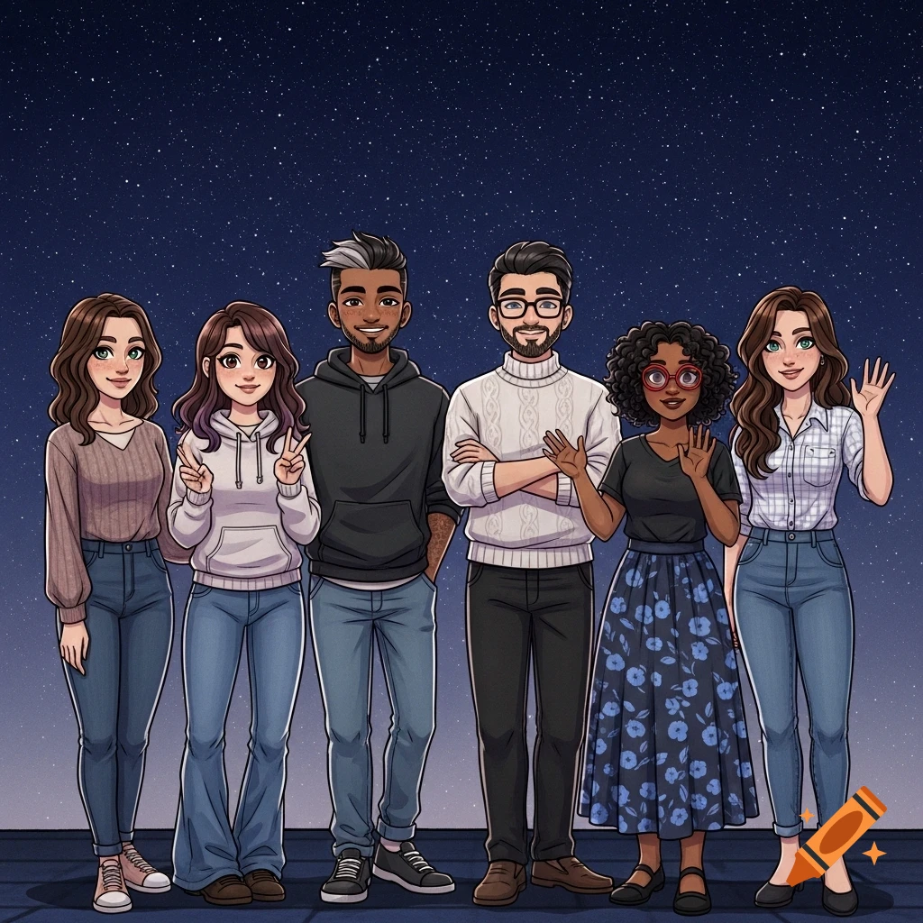 A cartoon illustration of six diverse young adults, standing in a group against a starry night sky. They are casually dressed, with expressions ranging from smiles to a peace sign and a wave.