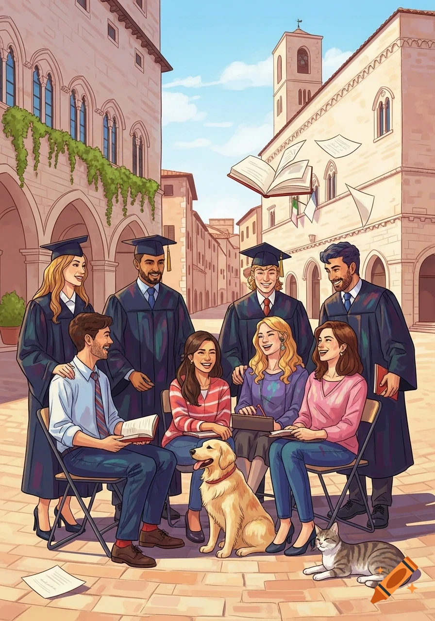 An illustration of seven diverse students in a European city, four in graduation gowns, three seated with a golden retriever and a cat. Books and papers fly in the air near historic buildings.