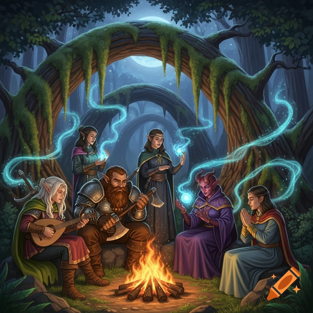 A diverse group of fantasy adventurers, including elves, a dwarf, and a tiefling, sit around a campfire in a magical forest at night, some casting glowing spells.