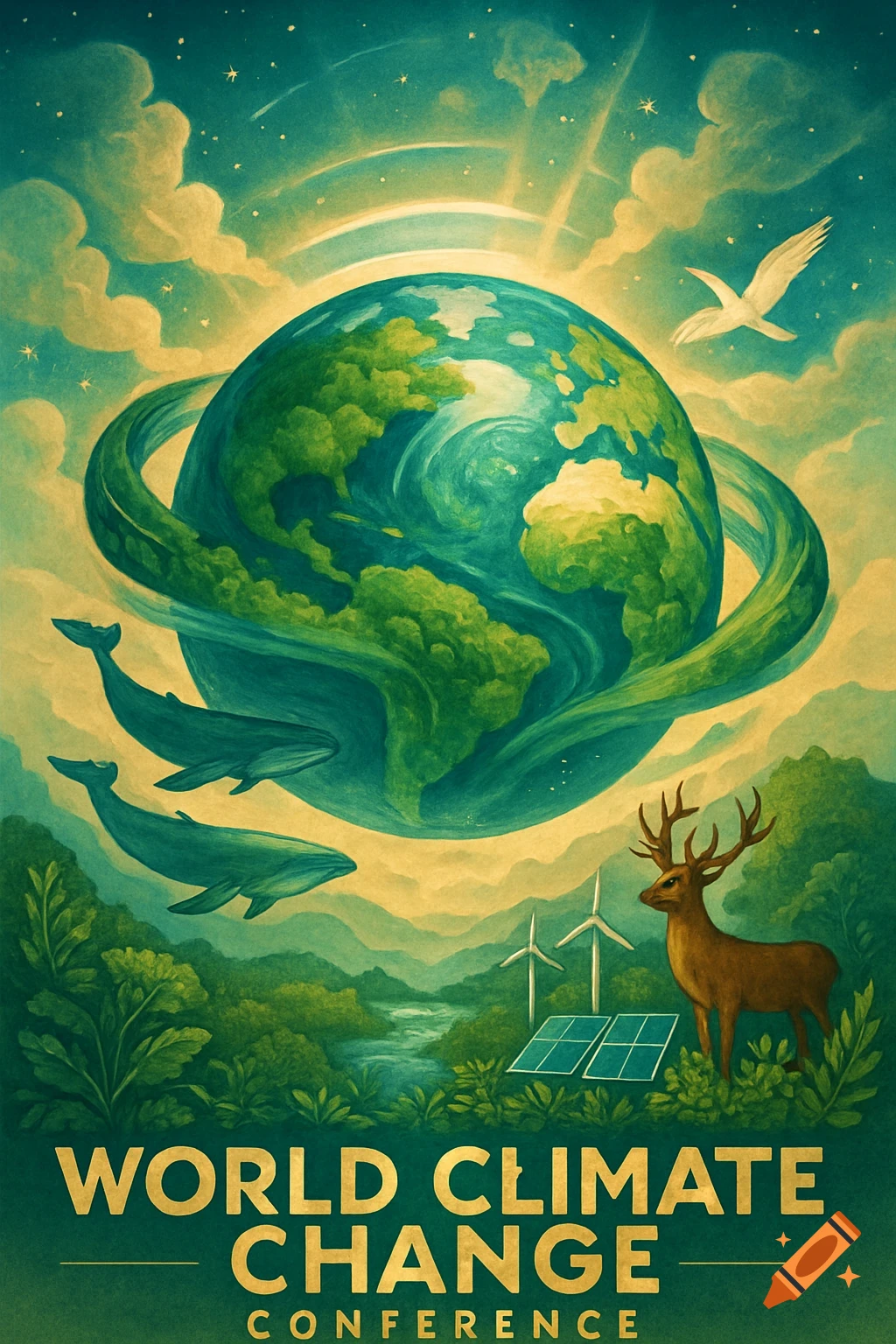 Vintage poster for World Climate Change Conference with Earth, whales, deer, wind turbines, and solar panels, in an illustrative style.