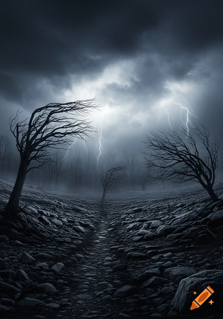 Dark, stormy landscape with gnarled bare trees on rocky ground. Lightning illuminates an overcast sky, with a path leading into the distance.