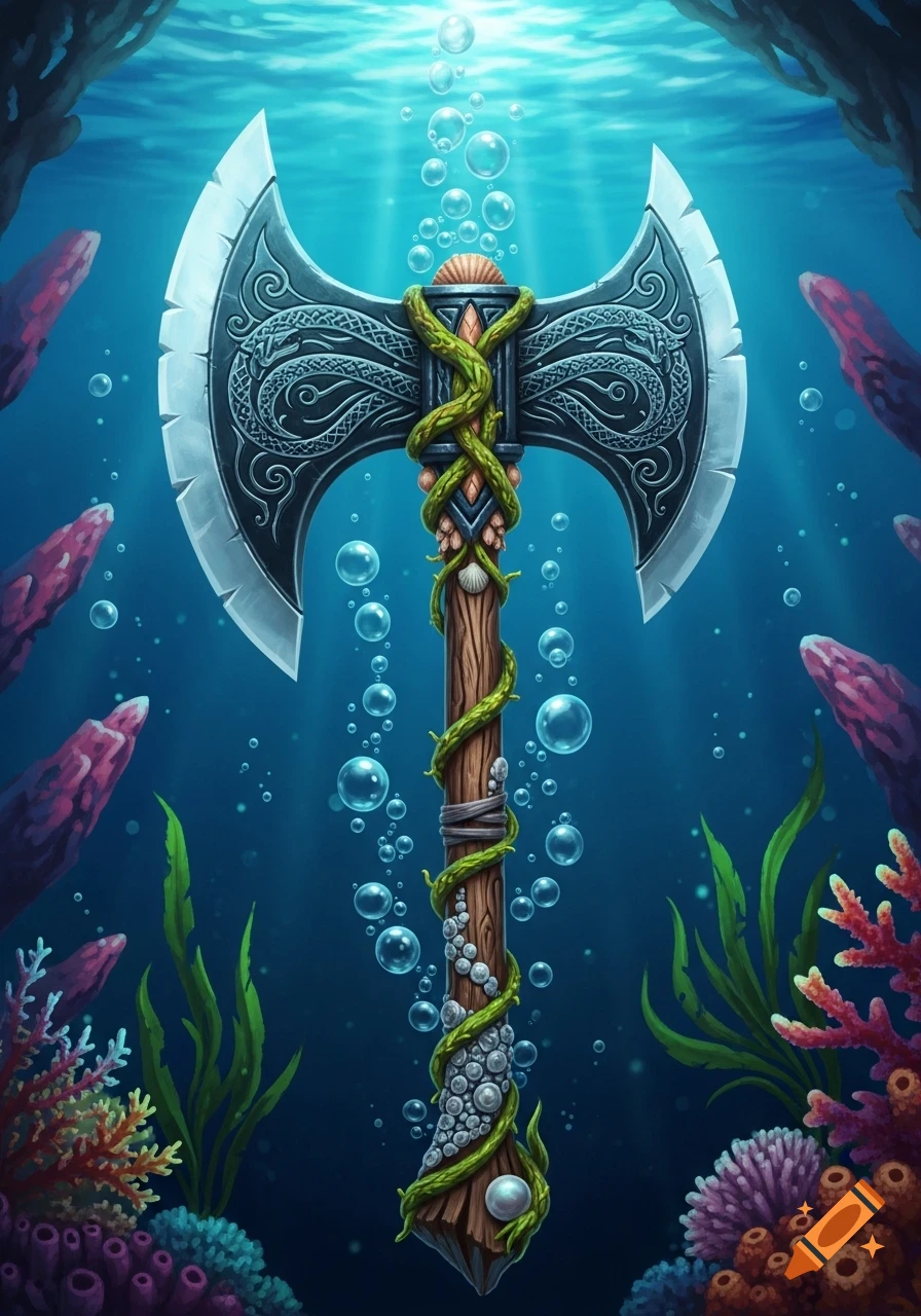 A fantasy great axe wrapped in green vines, shells, and pearls, submerged in a vibrant ocean with coral and bubbles.