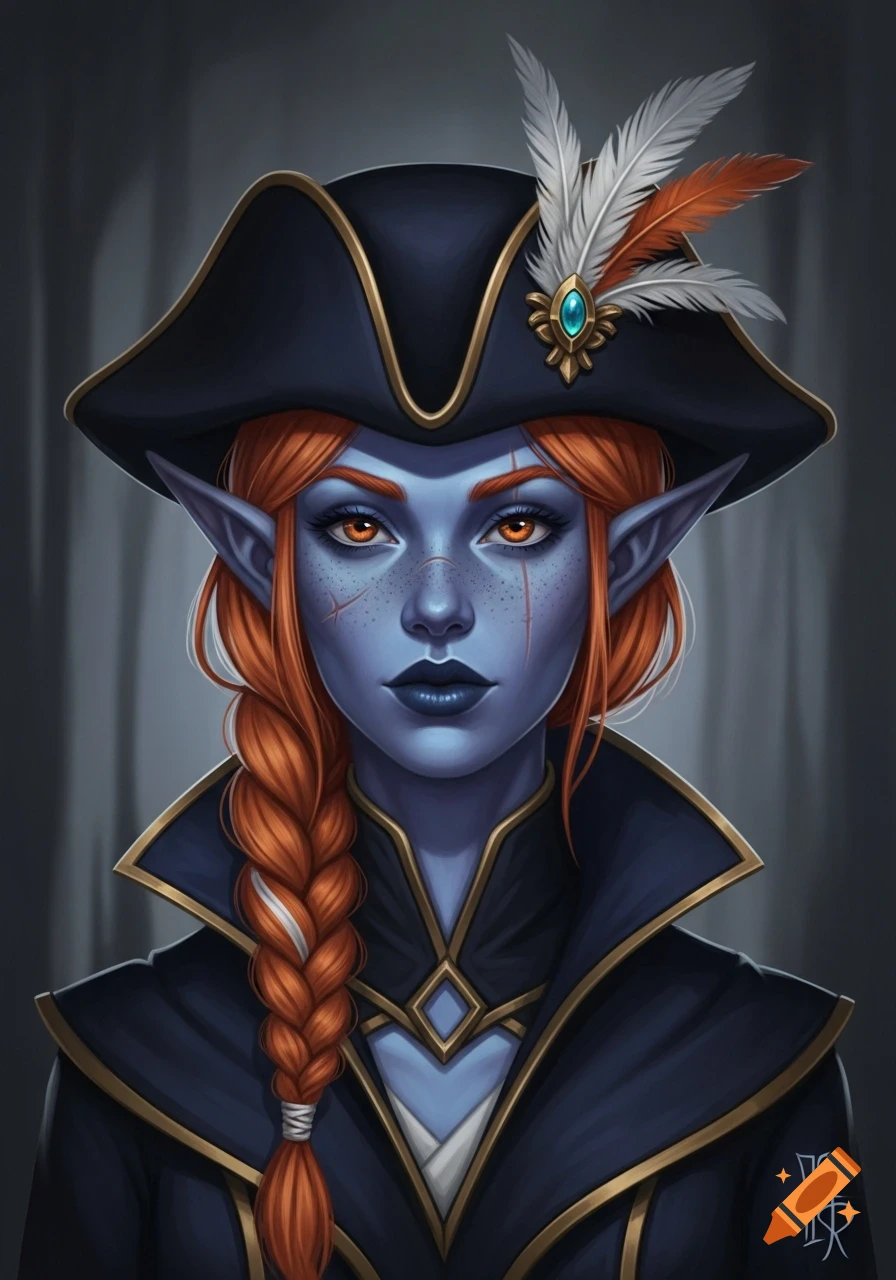 Digital painting of a blue-skinned dark elf female with orange braided hair, wearing a black tricorn hat with feathers.