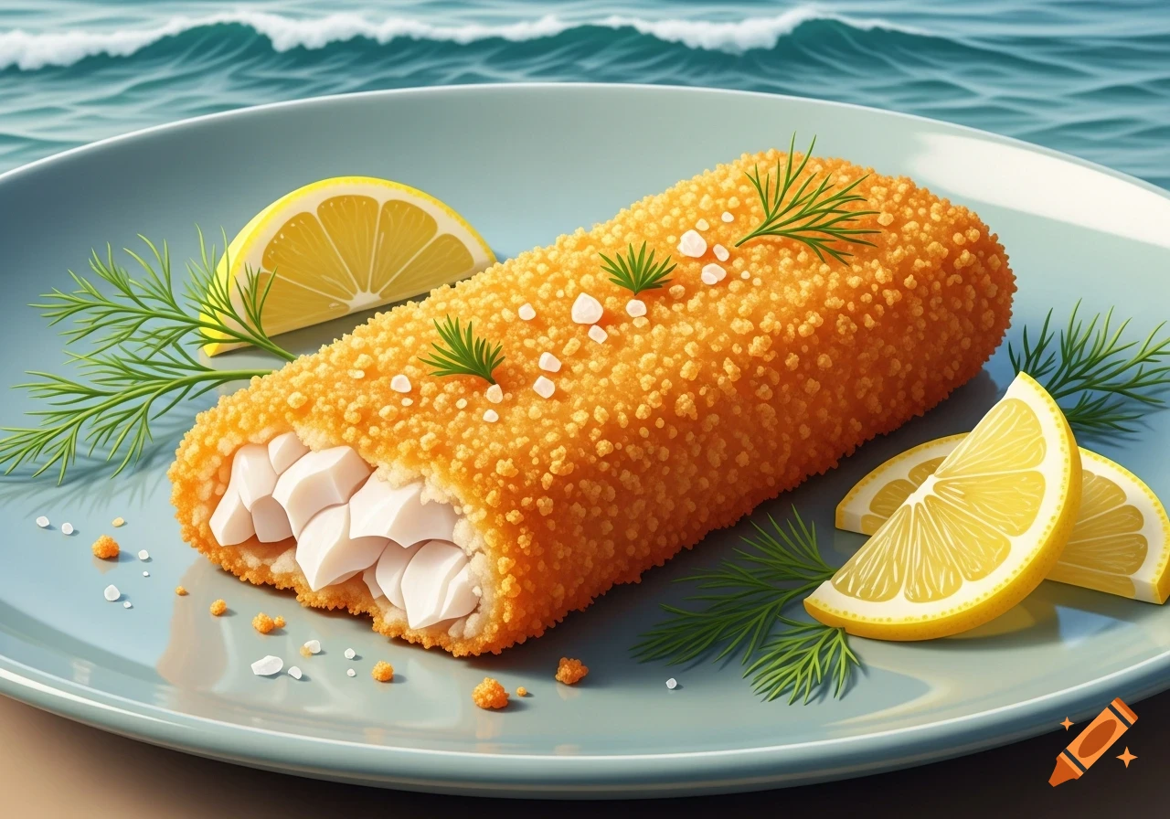 A breaded fish stick with white fish filling, garnished with lemon, dill, and salt on a blue plate with a wavy ocean background.