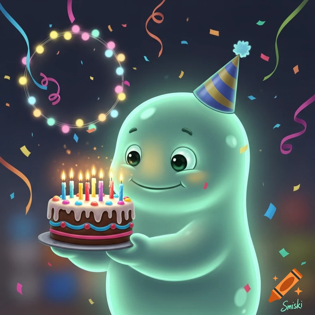 Cute cartoon light-green blob-like creature wearing a party hat, holding a birthday cake with lit candles, surrounded by confetti.