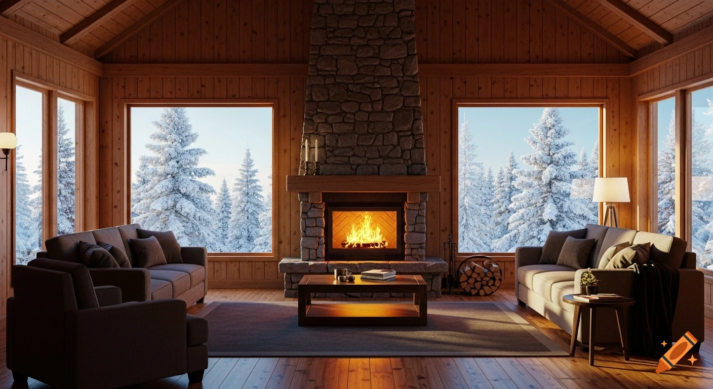 A cozy wooden ski lodge living room with a lit fireplace, dark sofas, and large windows revealing a snowy forest.