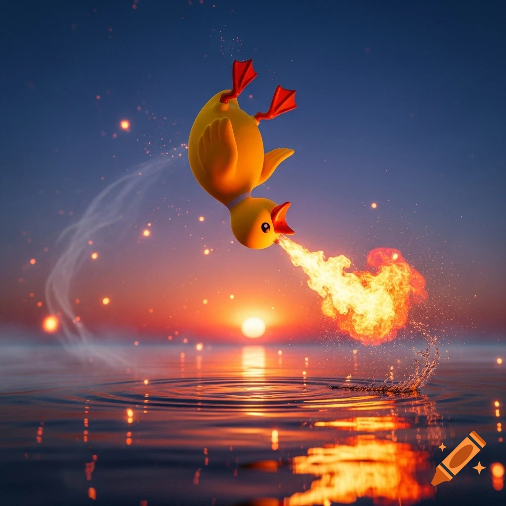 A yellow rubber duck backflipping over water, spitting fire, against a colorful sunset sky.