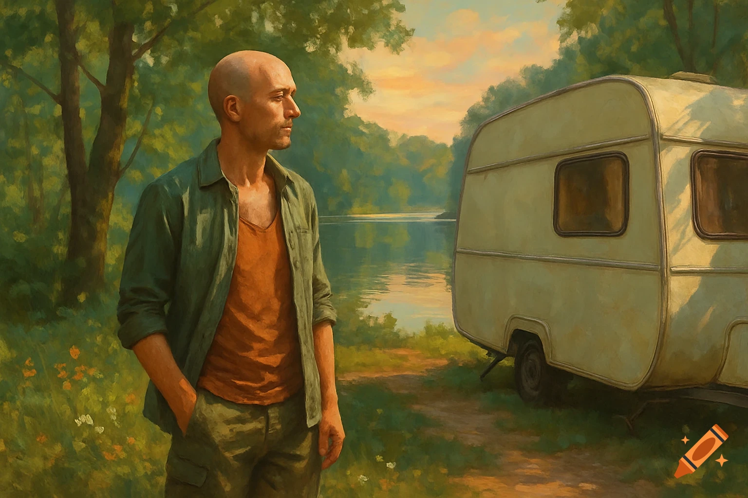 Painterly image of a bald man in a green shirt standing by a lake next to a white caravan, surrounded by lush trees.